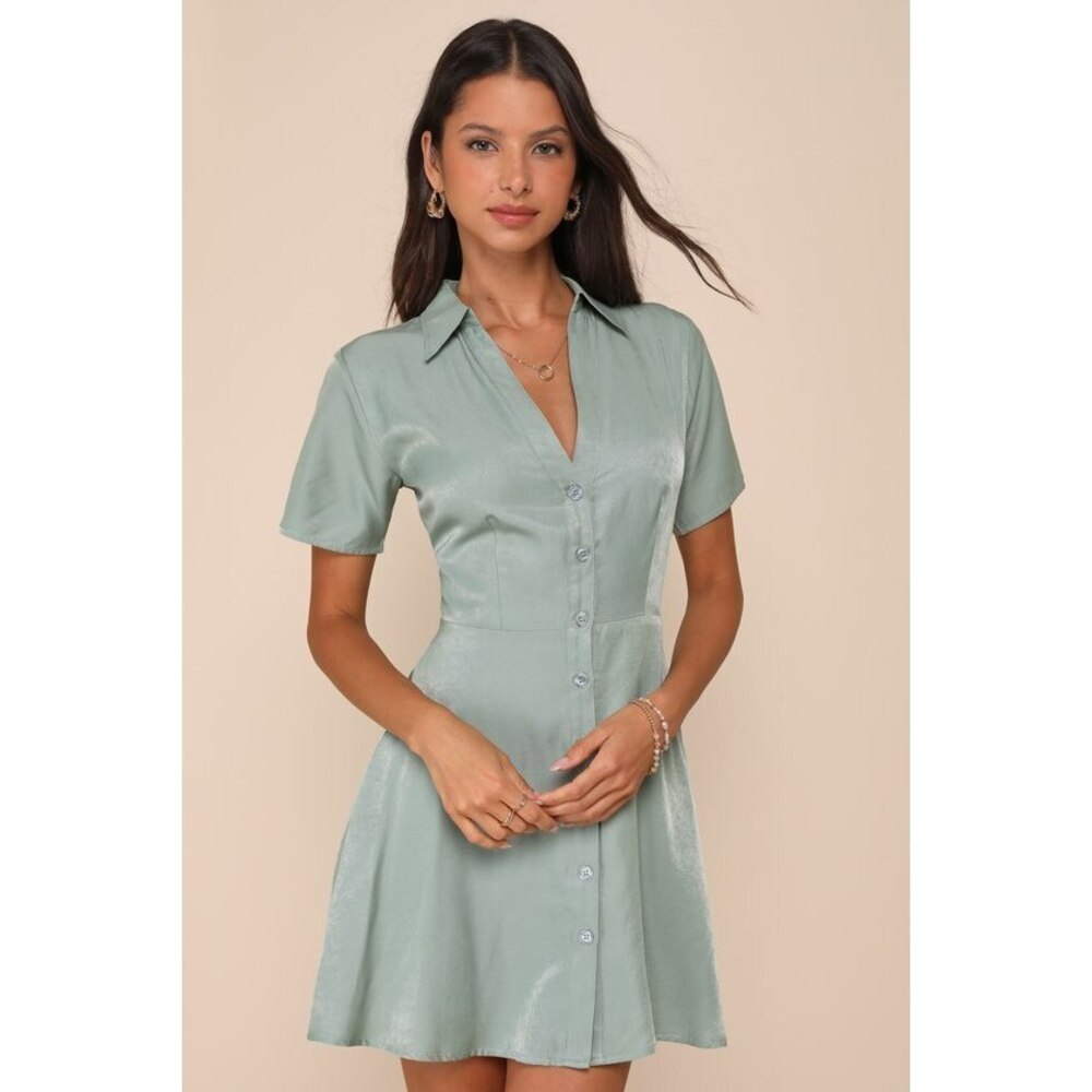 Lulus Pleasant Darling Sage Green Short Sleeve Button-up Mini Dress - Size M